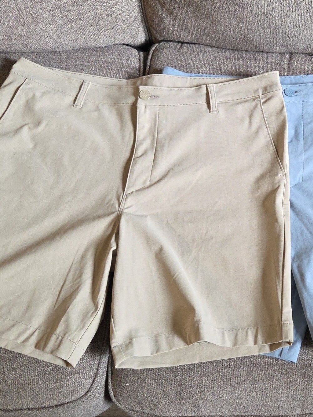 all in motion Men's Flat-Front Shorts in Beige and Light Blue